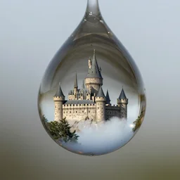 macro photo of a castle inside a water drop, depth of field, higly detailed photo