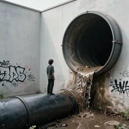 person standing in edge of large sewer pipe, graffiti on walls, damp, sludgy, yukky, natural light, cinematic lighting, clean lines, cozy, fantasy, minimalist architecture, sharp focus, concept art, octane render 4 k, artstation, by greg rutkowski