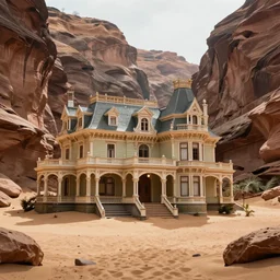 a large, victorian mansion covered in sand in a humongous canyon. surreal, dream like.