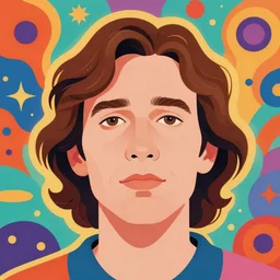 a colorful vibrant closeup portrait of a simple Australian man with medium length wavy brown hair and dreaming psychedelic hallucinations, colorful flat surreal design, hd, 8k, artstation