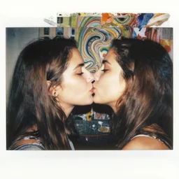 double exposure of two women kissing ( closeup ) and a trippy painting, lomography. this photograph is subsequently printed out and splattered with paint. mixed media collage art with magazines and found art