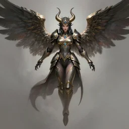 a highly detailed illustration of armored demon lady with wings, elegant flying pose, intricate, elegant, highly detailed, centered, digital painting, artstation, concept art, smooth, sharp focus, league of legends concept art, wlop.