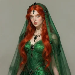 red haired goddess, beautiful, feminine, pretty, long - hair, all covered green dress and veil, black jewels, fantasy, dressed!!!! magical, mystical, intricate, elegant, highly detailed, digital painting, artstation, concept art, smooth, sharp focus, illustration, art by gaston bussiere and greg rutkowski
