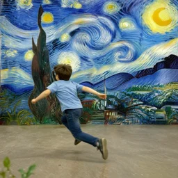 a kid trying to escape from the van gogh that is chasing him