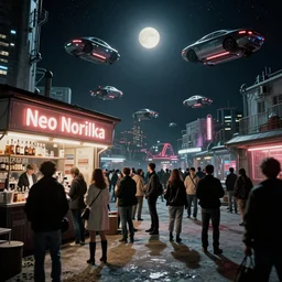 people are in a queue to a liquor store in a Russian cyberpunk slum city called Neo Norilsk on the Moon, at night, lots of flying cars, diverse, lively, black sky full of stars, blinding sun, sci-fi, lots of flying cars, levitation, cyberpunk outfits, photorealistic, grainy, 35mm, intricate, very very beautiful, elegant, smooth, cinematic, Unreal Engine 5, by Beeple, trending on Artstation HD