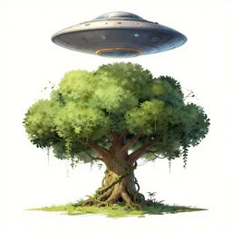a drawing of a tree with a flying saucer above it, concept art by senior environment artist, made of vines, artstation, environmental art, 2 d game art, concept art