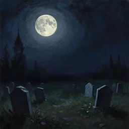 a hauntingly beautiful painting by greg rutkowski and thomas kinkade of a dark moon  in a graveyard at night, trending on artstation.