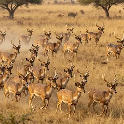 taking from above, many mobs of indian tribes are chasing golden - horned deer. high detail, photorealistic, good lighting, unbelievable.