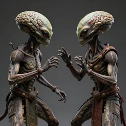 aliens brainsuckers fighting with toltec shaman, perfect faces, fine details, studio lighting, subtle shadows, art by katsuya terada, photorealism, hyper realism, octane render, hyper detailed, canon eos r 3, f / 1. 4, iso 2 0 0, 1 / 1 6 0 s, medium shot, 8 k, raw, unedited, in - frame,