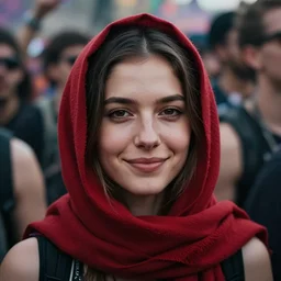 a ultra high resolution close - up of a beautiful young woman standing in crowd of psytrance music festival, looking down at the camera. her face is partially obscured by a red scarf, and she has a smiling expression. highly detailed face!!! clean face. the light is dim, and the colours are muted. kodak etkar 1 0 0