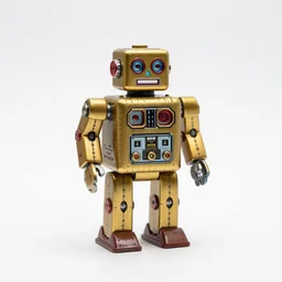 golden wind-up robot toy, high detail macro photography, isolated on a pure white background, centered, entire object in frame, sharp focus, soft studio lighting