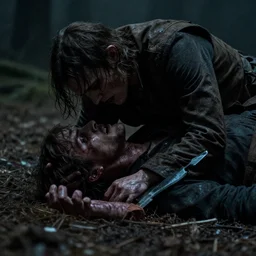 lord of the flies killing, cinestill, movie shot, eerie, dark