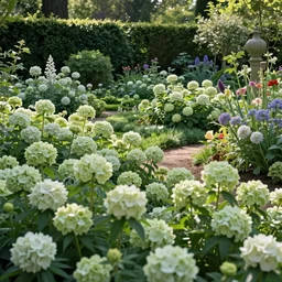 a gorgeous classic garden filled with beautiful flowers in different shades of pale green, monet
