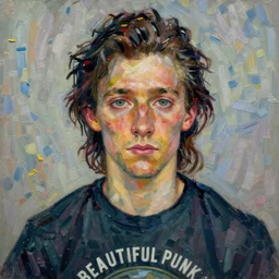“beautiful punk rocker young man with long dark hair and pretty eyes wearing a rock band tee shirt, as painted by vincent van goth, impasto, symmetrical face, symmetrical eyes”