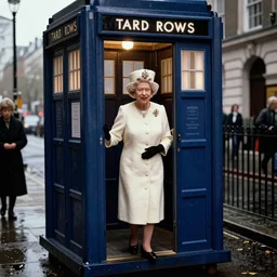 35mm Photograph of Queen Elizabeth II stepping out of the Tardis on a dark rainy London street