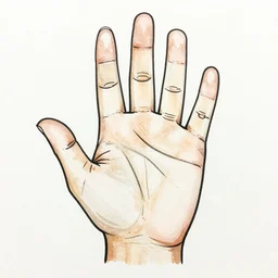 draw an anatomically correct hand with 4 fingers and a thumb. this looks like a palm-reading chart with accurate illustration of a thumb and four fingers
