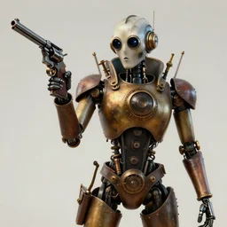 a portrait of a robot holding a revolver, steampunk