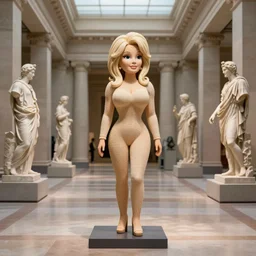 a polymer sculpture of Dolly Parton in a museum hall, surrounded by ancient Greek statues, soft sunlight dappling on the hallway, classical architecture, HD award-winning photo
