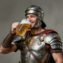 a happy roman gladiator drinking beer. gladiator. intricate armor. smiling. art by martin ansin, martin ansin artwork. portrait.