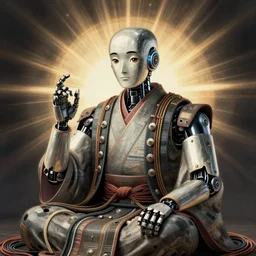 Hiroshige portrait of a robot saint made of cables and robotic pod by John Berkey