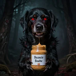 lovecraftian eldrich horror dog holding a jar of sacred peanut butter, horror, creepy, creepy teeth, nightmare, red eyes, dramatic scary lighting, unsettling