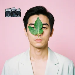 a fashion portrait photograph of a man with a leaf on his face designed by kubric and wong kar wai, pastel colors, 3 5 mm, color film camera, studio lighting, pentax