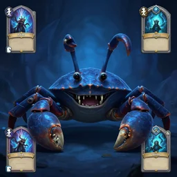 a giant evil crabman snail, crab having multiple eyes, blue dark theme, front full view, artstation, orthographic, hd, 8 k, sharp high quality artwork in style of greg rutkowski, concept art, blizzard warcraft artwork, hearthstone card artwork