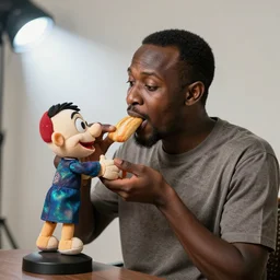 a 🇩🇪 man eats a, puppet, 4 d, spotlight, iridescent, 🥒