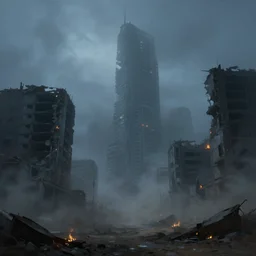 cinematic foggy desolate ruined city in a dusty wasteland, ominous towering destroyed skyscraper ruins, destroyed buildings apocalypse, dystopian ashy mists underlit, gloomy oppressive muted blue hue with flickers of burning fire in streets, 8 k, depressing end of world atmosphere, reallistic oil painting, hyper reallistic, photo realism