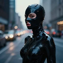 beautiful female body silhouette, beautiful acrylic fluid portrait, photography by amy leibowitz and filip fedorov, black latex female balaclava, female calendar, body painted with black fluid, urban city photography, close up portrait, cinematic still, film still, magic hour, dark mood, fashion portrait, cold colors, sony, kodak, long exposure, bokeh