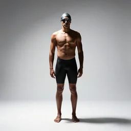 fierce swimmer with goggles, cinematic studio photo, full body, standing, isolated on a pure white background, centered, whole figure in frame, sharp focus, studio lighting