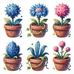 game asset of pots of spiky flowers and plants, ivy and vines, in gouache detailed paintings, props, stylized, 2 d sprites, kitbash, arcane, overwatch, blue and pink color scheme, 8 k, close up
