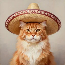 Beatiful Oil painting of an orange Maine-coon with a white beard. wearing a wide-brimmed sombrero sombrero