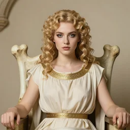 bust portrait of girl sitting on bones throne, byzantine empire costume, blonde, curly hair, clean face, provocative make up, symmetrical face, smooth skin, jewelry,, ecstasy, cute, fashion editorial photography, realistic, hyper detailed, hyper detailed face, from vogue magazine, ultra realistic, reflections, color scheme teal and orange