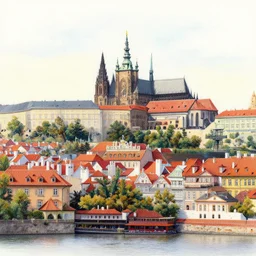 Colored Pencil drawing, Prague skyline, octane render, highly detailed