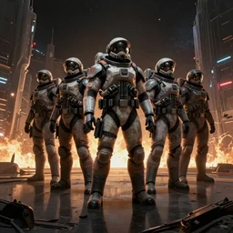 detailed ultra - realistic graphic novel illustration of patrolling squad dressed space battle suits, reflections, fire, space, desolated city district, space base, by famous digital artists, cinematic, full shot