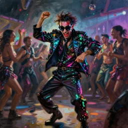 detailed painting of a madman dancing in a rave party, makes funny steps and strange faces, wears black glasses and phosphorescent clothes