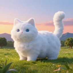 cloud shaped like a cat, peaceful meadows, trees, mountains in the background, retrowave artwork, sunset, beautiful, volumetric lighting, high quality