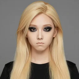 same characteristics, semi - long satired blonde hair, lop eared, black eye shadow, small nose, small mouth, triangle shaped face