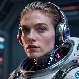 VFX movie of a futuristic cyborg spaceman closeup portrait in high tech spaceship, beautiful natural skin neon lighting by Emmanuel Lubezki