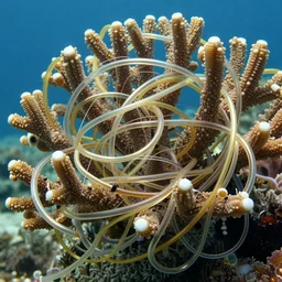 thousands of tubes and cables of translucent gold and silver confusingly unravel and twist away from an underwater branching sea coral, hyperrealistic