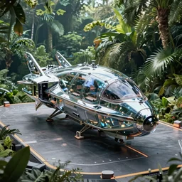 a futuristic spaceship made out of glass and shiny reflective metal, on a landing pad, surrounded by a lush jungle, volumetric light, hyperdetailed, artstation, cgsociety, 8k