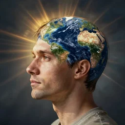 a man but his head is the earth. hd photography