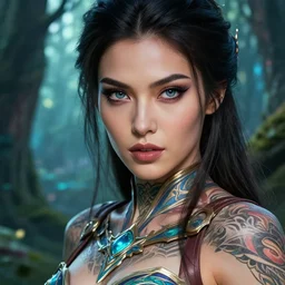 a close - up of tattooed beautiful female warrior wearing a magical leotard in a magical forest, hyper realistic face, beautiful eyes, fantasy art, in the style of greg rutkowski, illustration, epic, fantasy, intricate, hyper detailed, artstation, concept art, smooth, sharp focus, vibrant