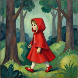 little red riding hood walking in the forest, cubism style, painting
