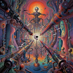 a psychedelic realm where the laws of reality are breaking down and showing the underlying mechanisms of existence, style of andree wallin wlop h. r. giger