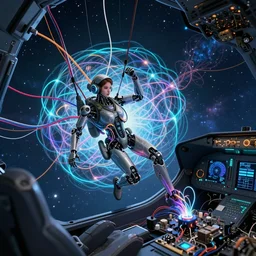 dark game cockpit. foreground : a beautiful robot fighter pilot is battling, suspended by luminous intricate organic and colorful electric cables and wires and fiber to the jet cockpit computer motherboard, experiencing the quantum field cinematic highly detailed realistic beautiful cosmic neural network o