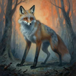 painting of eldritch giant fox striking a terrifying pose, scene inside forest full of ants, by zdzislaw beksinski, by dariusz zawadzki, by wayne barlowe, gothic, surrealism, cosmic horror, lovecraftian, cold hue's, warm tone gradient background, concept art, beautiful composition