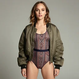 a beautiful! boyish! natalie portman alluring gravure! model, wearing oversized ma - 1 bomber jacket and leotard with overalls, aztec street fashion, gapmoe yandere grimdark, trending on pixiv fanbox, painted by greg rutkowski makoto shinkai takashi takeuchi studio ghibli, akihiko yoshida