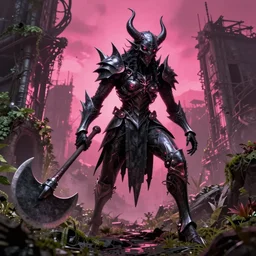 post - gothic giant banshee, exoskeleton armor, attacking with axe, dystopian ruins covered in vegetation, highly detailed smooth digital art masterpiece, vitaly bulgarov giger dramatic dark pink light, ground angle hd 8 k, sharp focus